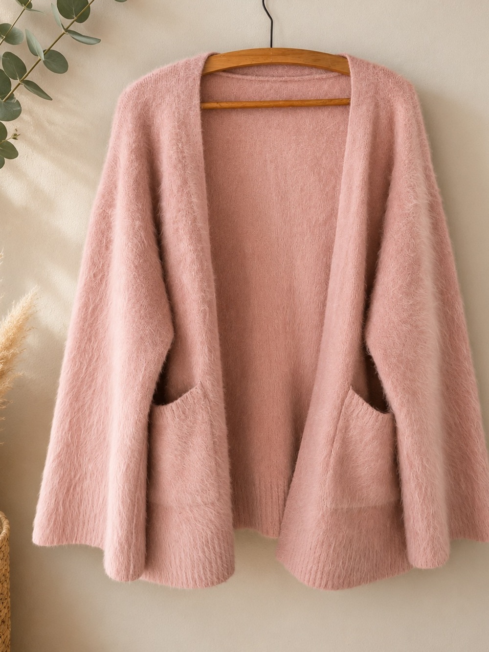 Handmade Oversized Blush Pink Fuzzy Cardigan | Angora | Open Front Sweater - Picture 2 of 11
